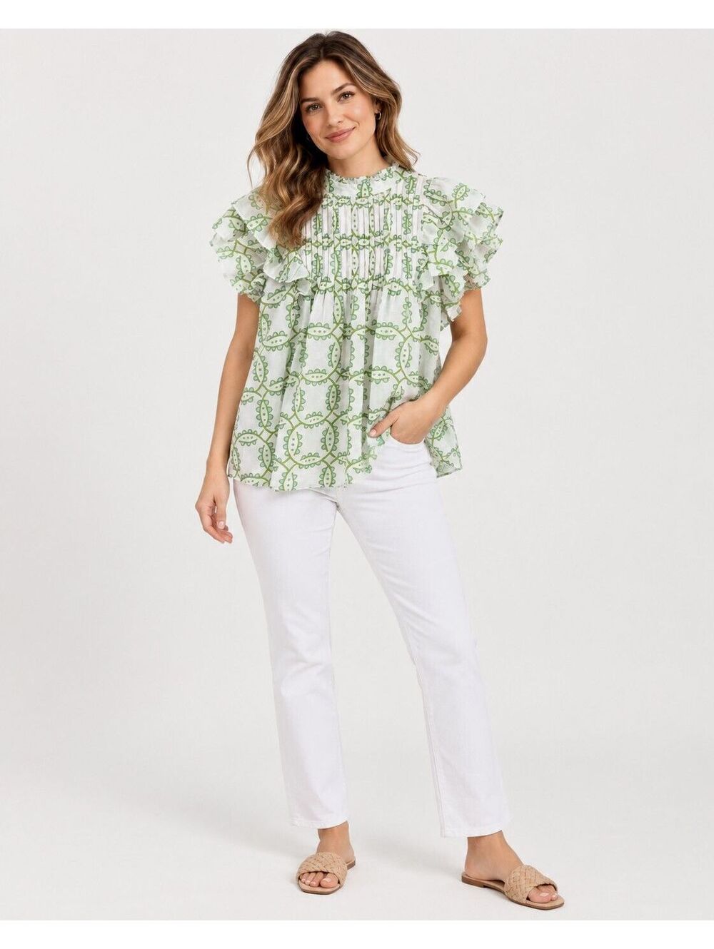 J. Marie Ellie Pleated Top M Green Blue Print Ruffle Flutter Sleeve Blouse